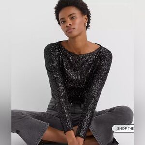 LOFT Sequined Long Sleeve Black Top - Medium - New
